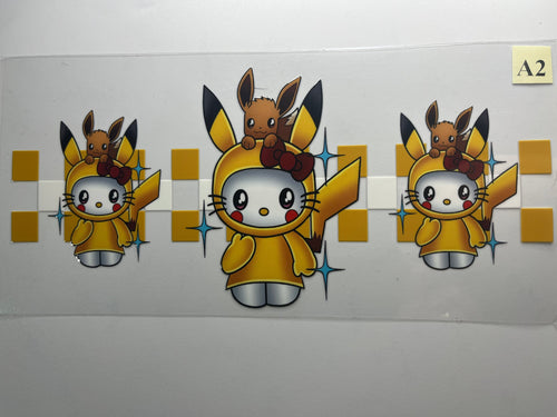 Cartoon character in a yellow raincoat with a deer-like creature on its back, on a checkered background.