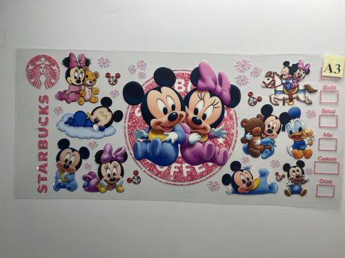 Cartoon character stickers with Mickey and Minnie Mouse on a white background