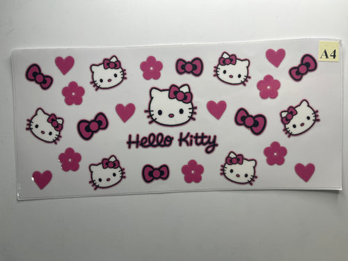 Sheet of Hello Kitty stickers with pink bows, hearts, and flowers on a white background.